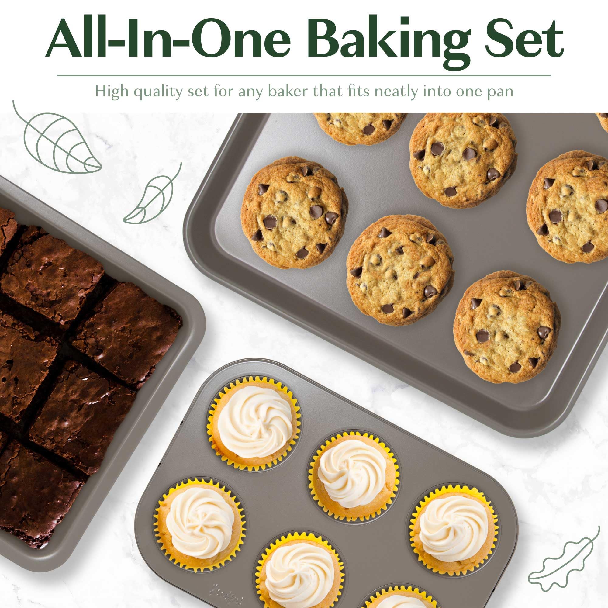 Goodful All-In-One Nonstick Bakeware Set, Stackable and Space Saving Design includes Round and Square Pans, Muffin Pans, Cookie Sheet and Roaster, Dishwasher Safe, 8-Piece, Terracotta