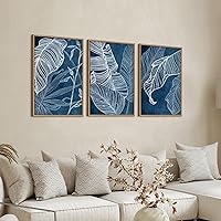 Mid Century Modern Wall Art - Framed Abstract Canvas Indigo Blue Pictures White Lined Tropical Plant Wall Decor Botanical Painting Artwork Banana Leaf Print Living Room Bedroom Home Decor 16