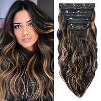 Clip In Hair Extensions, 22 Inch Chestnut Brown with Blonde Highlights 4Pcs Long Wavy Clip In Synthetic Hair Extension Thick Double Weft Clip-in Natural Hairpieces For Women (22 Inch, 2H27, 180g)