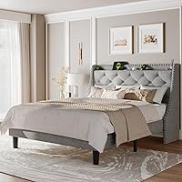 Queen Bed Frame with Luxury Wingback Upholstered Button Tufted Storage Headboard, Queen Platform Bed with Charging Station, Sturdy Wooden Slats Support, Noise-Free, Easy Assembly, Light Gray