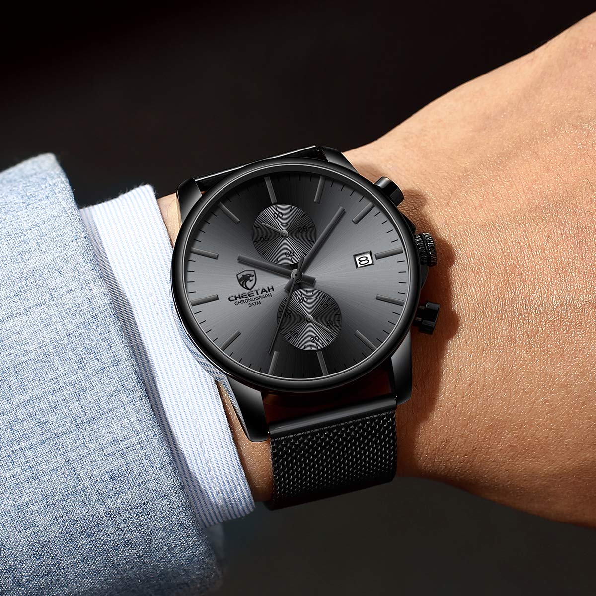 GOLDEN HOUR Mens Watch Fashion Sleek Minimalist Quartz Analog Mesh Stainless Steel Waterproof Chronograph Watches for Men with Auto Date