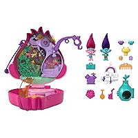 Polly Pocket Trolls Compact Playset, Poppy & Branch Micro Dolls, 13 Accessories, Poppy Exterior with Soft Hair, Collectible Toy