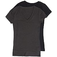 2 Pack Zenana Women's Basic V-Neck T-Shirts Med Black, Charcoal