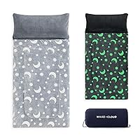 Wake In Cloud - Glow in The Dark Sleeping Bag with Pillow, Fleece Nap Mat for Toddler Kids Boys Girls, Winter Cold Weather Daycare Kindergarten Sleepover Travel Camping, Moon and Stars on Grey