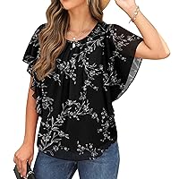 QIXING Summer Casual Loose Round Neck Chiffon Flowy Tops Blouses for Women