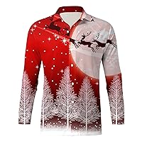 Christmas Party Bowling Shirt for Men Classic Pattern Xmas Tree/Santa Claus/Reindeer Printed Long Sleeve Button Down Shirts(D-Red,XX-Large)