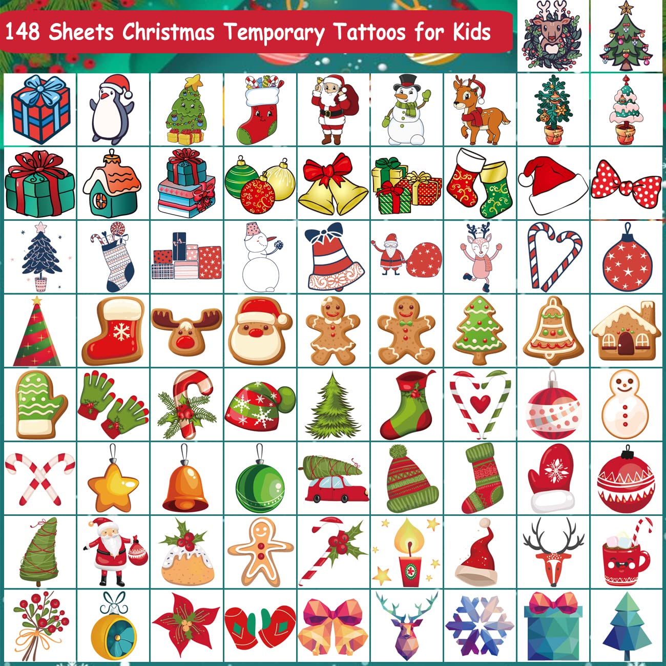 CHARLENT 148 PCS Christmas Temporary Tattoos for Kids - Xmas Individual Tattoos for Kids Christmas Party Favors, Stocking Stuffer, Christmas Eve Gift