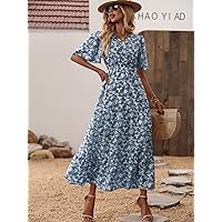 Fall Dresses for Women 2023 Allover Floral Print Butterfly Sleeve Ruffle Hem Dress Dresses for Women (Color : Blue, Size : Small)