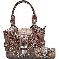 Western Style Tooled Leather Floral Women Bling Rhinestone Studs Purse Buckle Handbag Country Shoulder Bags Wallet Set Brown, Brown, L