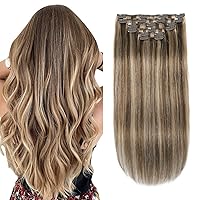 XDhair Clip In Hair Extensions Remy Human Hair Medium Brown #4 Mixed to Caramel Blonde #27 Clip In Real Hair Silk Stright 120g 6Pcs (#4P27,20Inch)