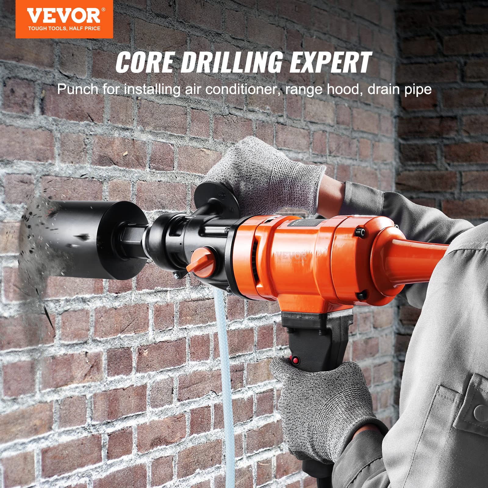 VEVOR Diamond Core Drilling Machine, 4in Handheld Wet Concrete Core Drill Rig, 1100-2400RPM Two Speed & 1-1/4