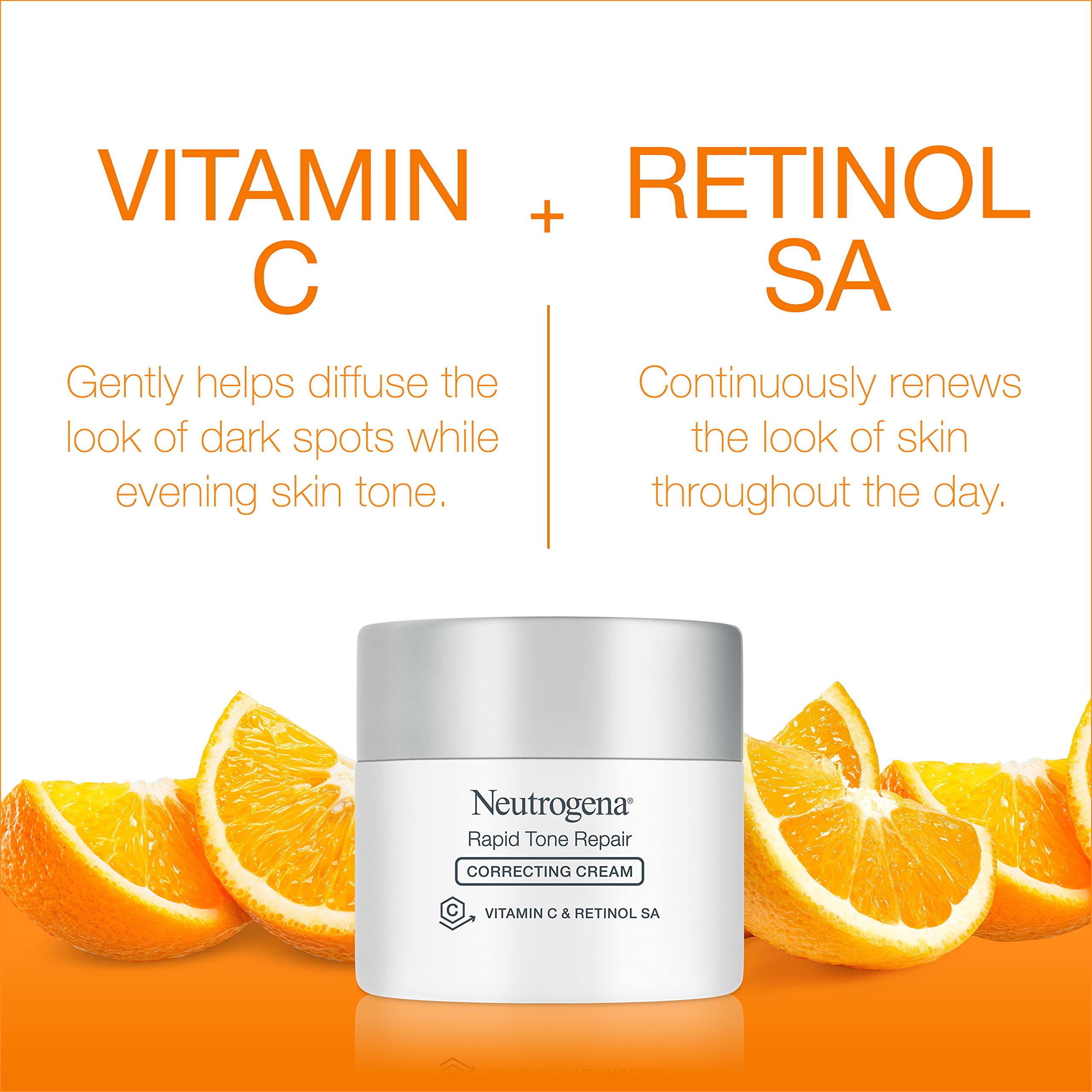 Neutrogena Rapid Tone Repair Retinol + Vitamin C Correcting Cream, Tone Evening Face & Neck Cream with Retinol & Hyaluronic Acid for Dark Spots, Fine Lines & Wrinkles, 1.7 oz