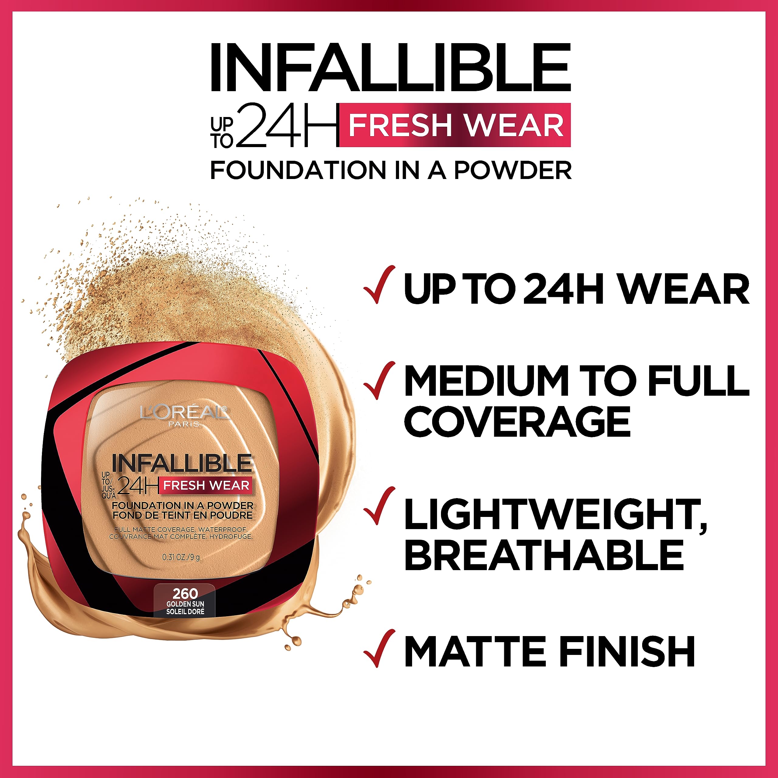 L’Oréal Paris Makeup Infallible Fresh Wear Foundation in a Powder, Up to 24H Wear, Waterproof, Beige Sand, 0.31 oz.