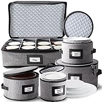 Fine China Storage Containers Hard Shell – 5 Piece Dish Storage Containers, Quilted and Stackable Mug Storage and Plate Storage Containers, Dish Organizer with Dividers for Moving and Seasonal Storage