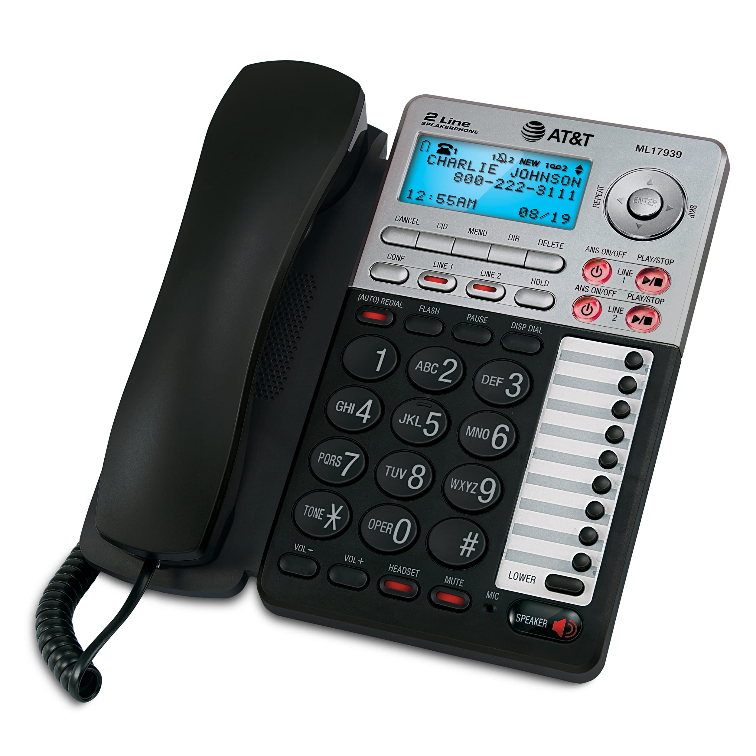 AT&T ML17939 2-Line Corded Telephone with Digital Answering System and Caller ID/Call Waiting, Black/Silver