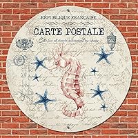 Round Metal Tin Sign Plaque French Carte Postale Postcard Nautical Ocean Sea Horses Starfish Distressed Room Room Sign Vintage Wreath Sign Metal Art Prints for Backyard Home Decoration Room Decor