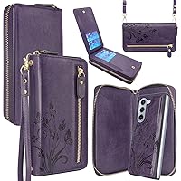 Lacass for Samsung Galaxy Z Fold 5 Z FOLD5 5G 2023 Case Crossbody Dual Zipper Detachable Magnetic Leather Wallet Cover Wrist Strap with 8 Card Slots (Floral Dark Purple)
