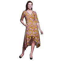 Bimba Cotton Gold Carnation Floral Printed Ladies Asymmetrical Pocket Shift Dress Short Sleeve V Neck Midi Dress-XXX-Large