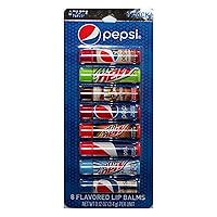 (1) Party Pack Pepsi - 8pc Soda Flavored Lip Balm Sticks - Flavors: Cherry Vanilla, Mountain Dew, Mug Root Beer, Wild Cherry, Livewire, White Out, Diet - Net Wt. 0.12 oz Each Stick