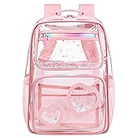 Clear Backpack for Kids Teens Girls Women Heavy Duty See Through Backpacks Cute Elementary Middle High School Bags Thick TPU Transparent Bookbag for College, Work, Stadium Events, Security Travel-Pink