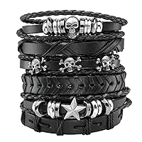 MILAKOO 6Pcs Men Braided Leather Bracelet Black Punk Rock Skull Bracelet