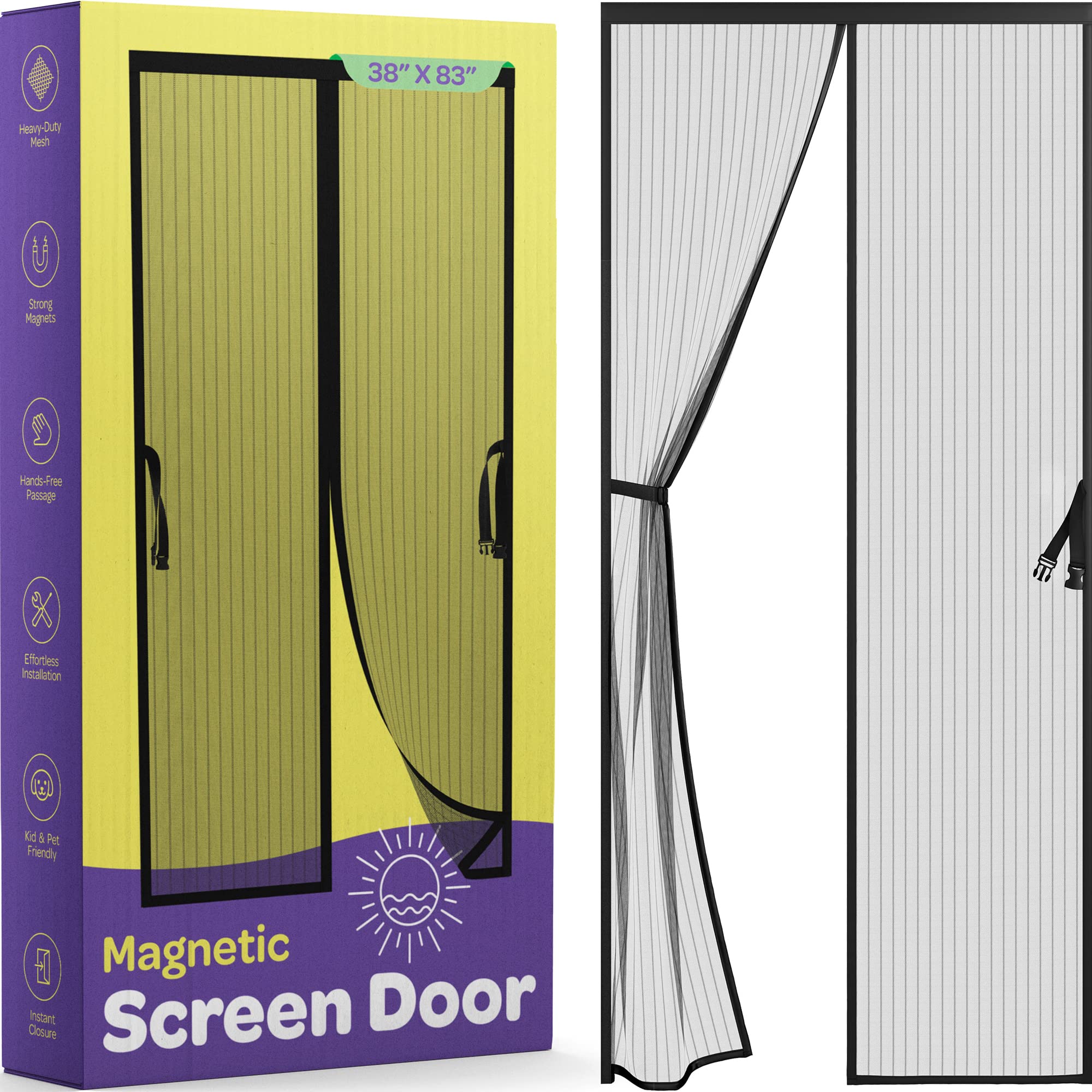 Hands-Free Magnetic Screen Door, Heavy Duty, Self Sealing Screen Door Mesh Protector, Pet and Kid-Friendly, Stay-Open Buckle, Fits Door Size (38