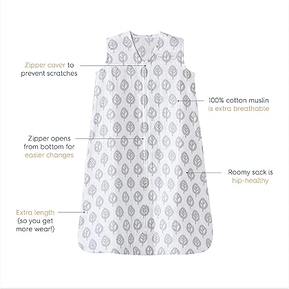 HALO Sleepsack, 100% Cotton Muslin Wearable Blanket, Swaddle Transition Sleeping Bag, TOG 0.5, Grey Tree Leaf, Small, 0-6 Months