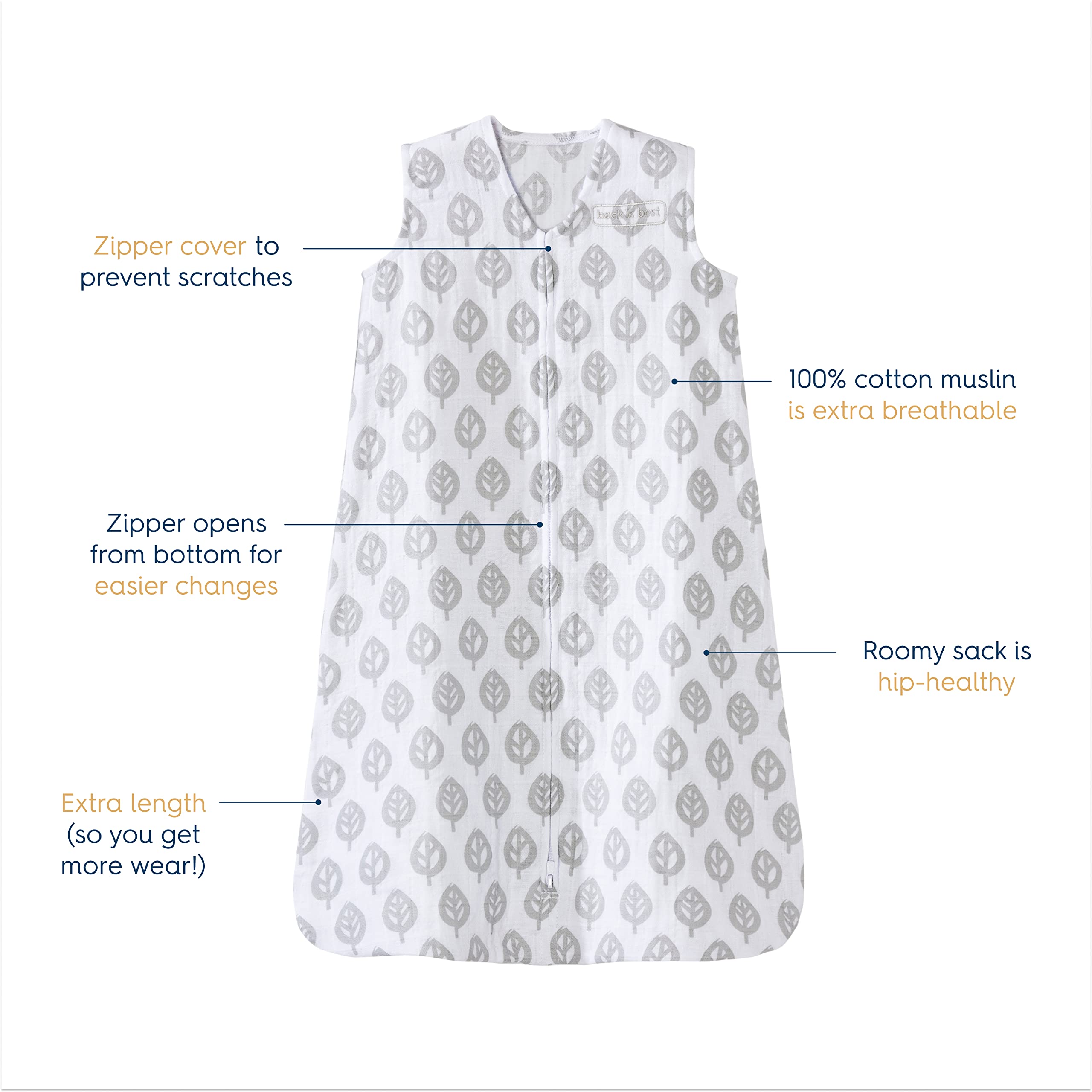 HALO Sleepsack, 100% Cotton Muslin Wearable Blanket, Swaddle Transition Sleeping Bag, TOG 0.5, Grey Tree Leaf, Medium, 6-12 Months