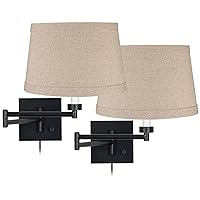 Franklin Iron Works Modern Swing Arm Wall Lamps Set of 2 Espresso Bronze Plug-in Light Fixture Dimmable Natural Linen Drum Shade for Bedroom Bedside House Reading Living Room Home Hallway Dining