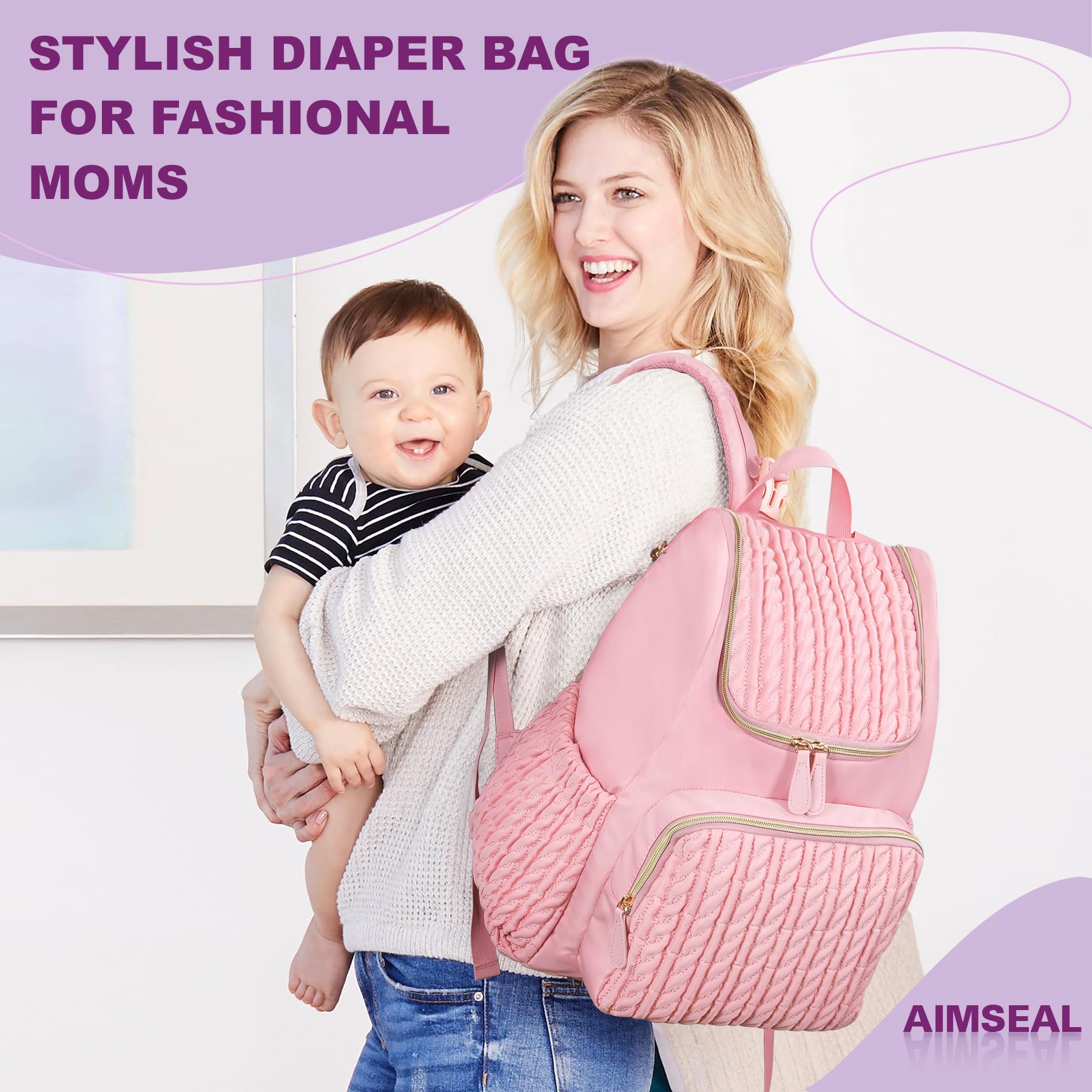 AIMSEAL Large Diaper Bag Backpack with Changing Pad, Stroller Buckles, Insulated Bottle Pockets & Padded Straps, Pink Travel Diaper Bags for Mom Boy Girl, Waterproof, Lightweight, Baby Gift Registry