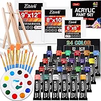 ESRICH Acrylic Paint Canvas Set,42 Piece Professional Premium Paint Kit with 1 Wood Easel,24Colors,10 Brushes,6 Canvases, Painting Supplies Kit for Kids,Students, Artists and Beginner