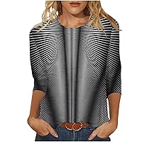 3/4 Length Sleeve Womens Tops Casual Loose Fit Crewneck T Shirts Novelty 3D Printed Cute Three Quarter Length Tunic Tops