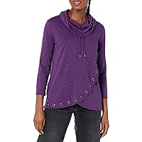 MULTIPLES Women's Three Quarters Sleeve Drawstring Cowl Collar Wrap Front Hi-lo Top with Embellished