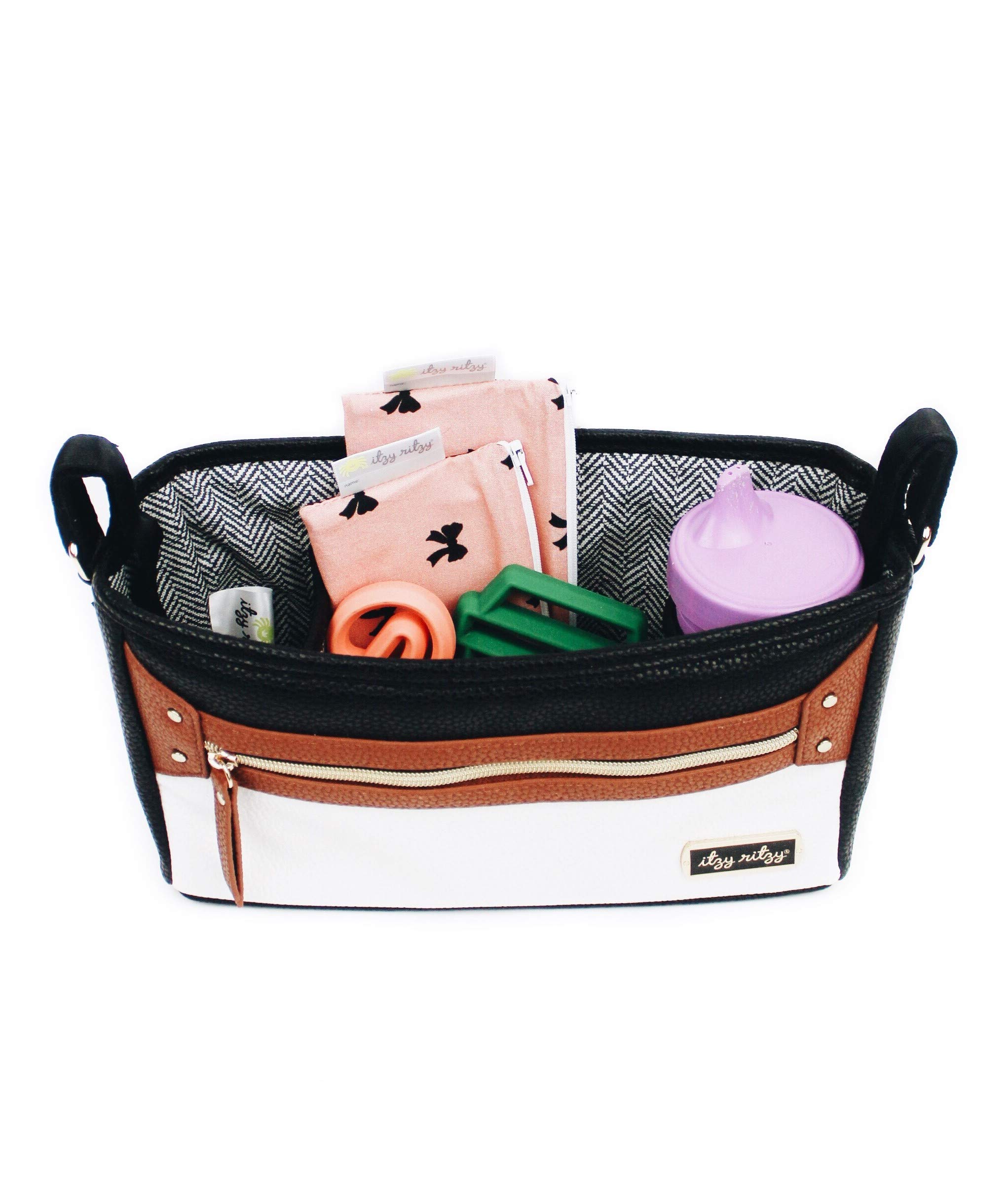 Itzy Ritzy Adjustable Stroller Caddy / Organizer Featuring Two Built-in Front Zippered Pocket and Adjustable Straps to Fit Nearly Any Stroller, Coffee and Cream