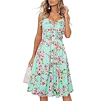 Drimmaks Women's Summer Casual Dress Florals Buttons Down Ruched Sweetheart Neck Sleeveless Midi Sundress