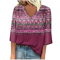 3/4 Sleeve Top Floral Blouse for Women Summer Tops 2023 Sexy V Neck Tunic T Shirts Ladies Loose Retro Graphic Tees