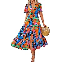 Zenlonr Women Summer Dresses 2024 Casual Short Sleeve V Neck Split Maxi Dress Button Drawstring Beach Long Dress