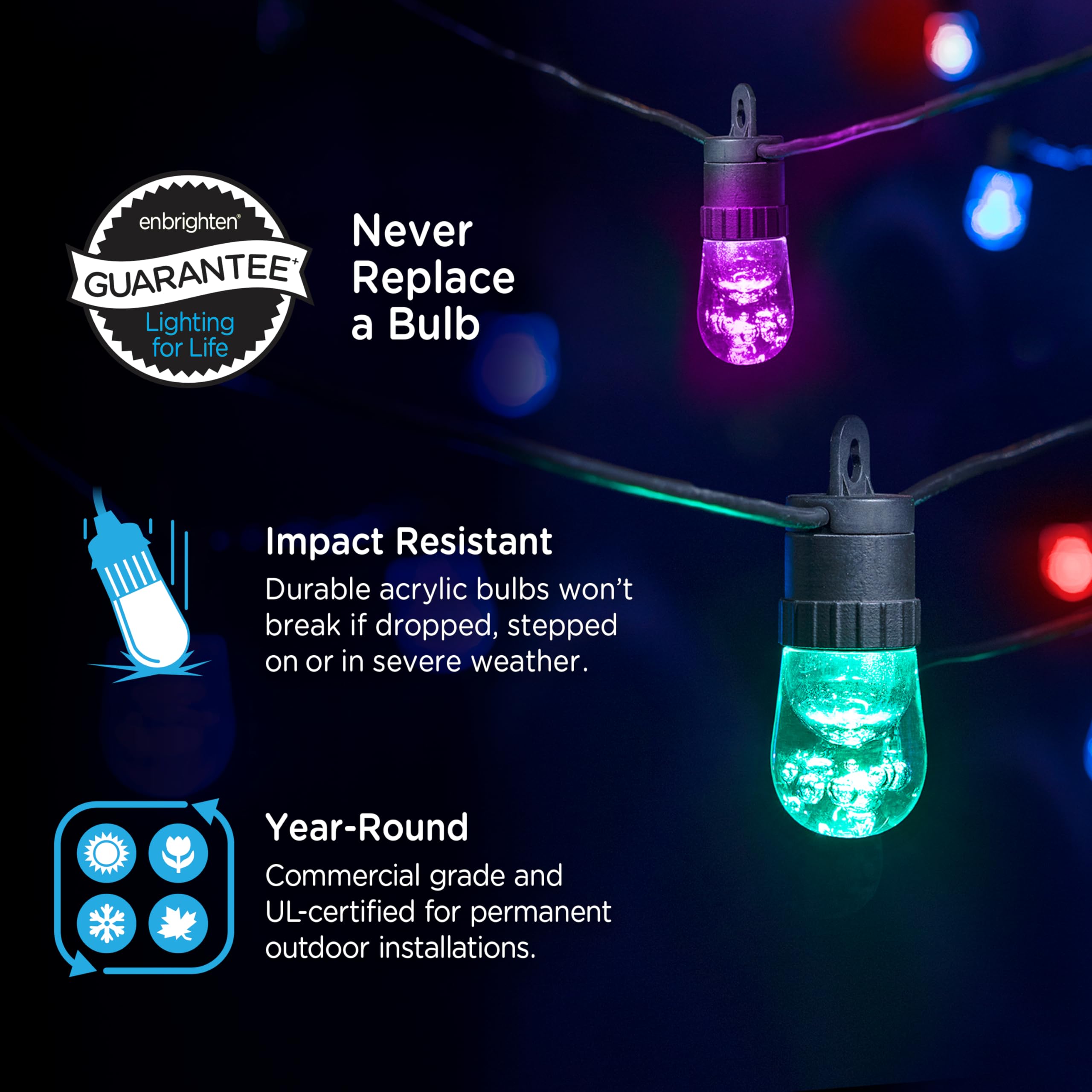 Enbrighten LED Premium Smart Color Changing String Lights, 24ft Black Cord, 12 Shatterproof Acrylic Bulbs, Weatherproof, Customizable, Wi-Fi App Control, Dimmable Outdoor String Lights, 2 Pack, 82764