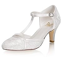 JIAJIA 62372 Women's Bridal Shoes Closed Toe 2.6'' Cone Mid Heel Lace Satin Pumps Wedding Shoes