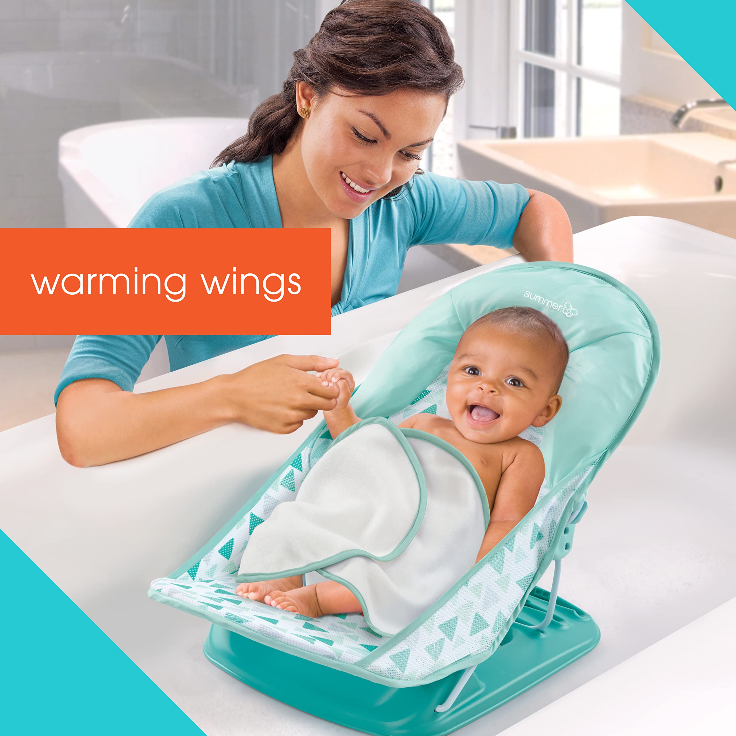 Summer Baby Bather Folding Bath Sling With Warming Wings (Green Triangle) - Bath Support for Use in the Sink or Adult Tub