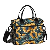 Blue Sunflowers on Blue Insulated Lunch Bag for Women Men,Reusable Cooler Tote Shoulder Bag for Picnic Camping Work Office Beach College