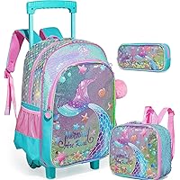 Mermaid Rolling Backpack for Girls Backpack with Wheels for Teen Girls Sequin 3 in 1 wheeled Backpack with Lunch Bag and Pencil Case Travel Carry on Luggage Suitcase Waterproof Backpack