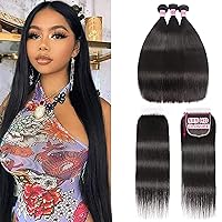 UNICE Hair HD Lace Closure 5x5 Human Hair Lace Closure with 3 Bundles, Peruvian Straight Hair 100% Transparent Lace Closure Invisible Knots（20 22 24+20inch）
