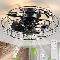 Small Caged Ceiling Fans with Light and Remote, 18'' Black Vintage Flush Mount Industrial Ceiling Fan Light Fixture, Enclosed Farmhouse Fan Light for Bedroom Kitchen Livingroom Dining Room