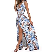 Women's V-Neck Trendy Swing Sleeveless Long Dress Casual Summer Foral Print Hawai Flowy Side Split Beach Dress Blue