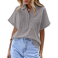 Chigant Women's Cotton Linen Blouses Short Sleeve Henley Shirts Button Down V Neck Casual Work Tops with Two Pockets
