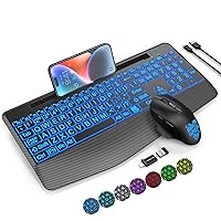 Wireless Keyboard and Mouse Combo - Large Print, 7-Color Backlit, Wrist Rest, Jiggler Mouse, Rechargeable, Ergonomic with Phone Holder, Silent Light Up Combo for Windows, Mac, Chrome OS -by SABLUTE