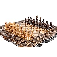 Luxury Chess Set with Ornamental Pattern - Personalized Wooden Backgammon and Checkers Armenian Carved Brown 19.6 inch