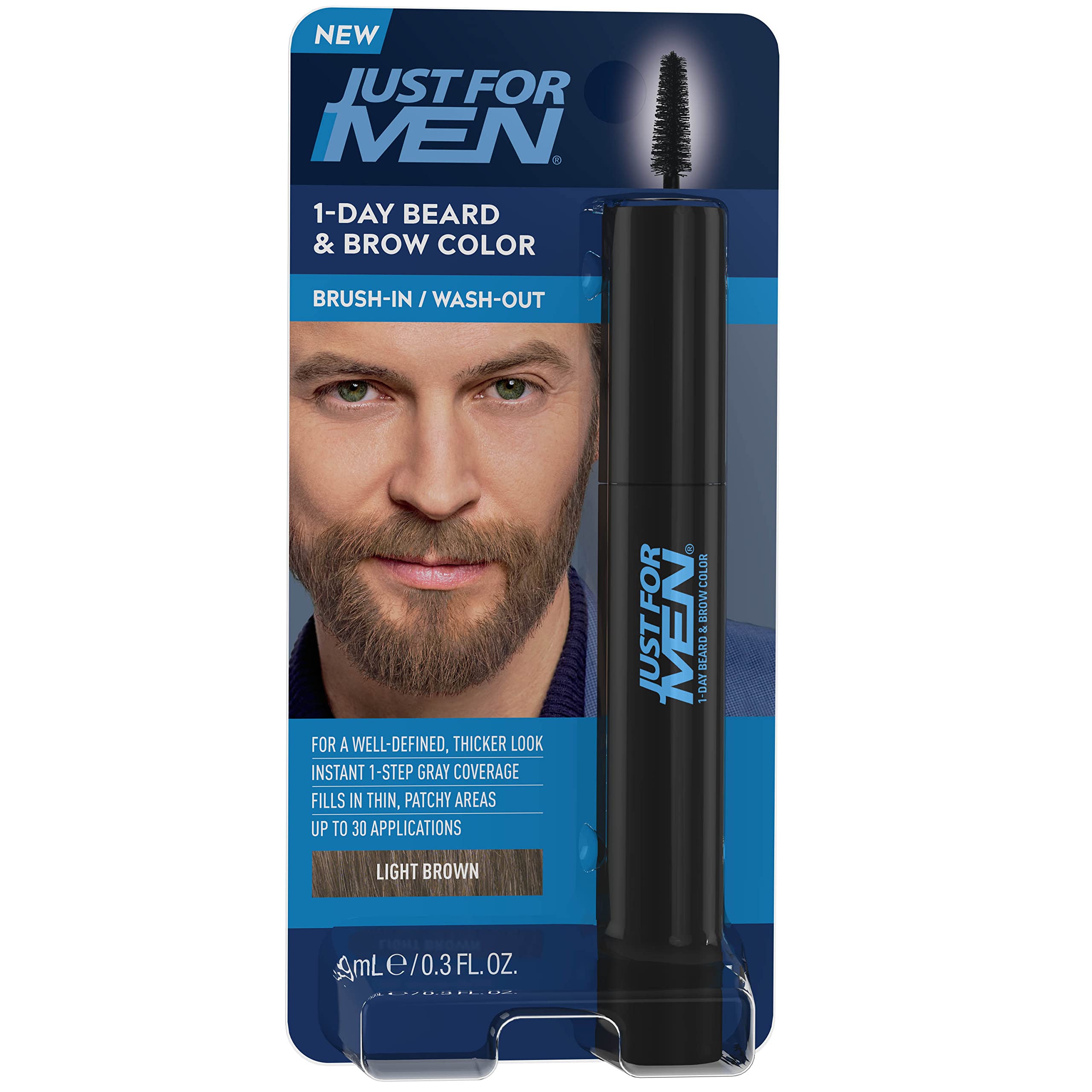 Just for Men 1-Day Beard & Brow Color, Temporary Color for Beard and Eyebrows, For a Fuller, Well-Defined Look, Up to 30 Applications, Light Brown