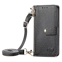XYX Wallet Case for Samsung S24 Plus, RFID Blocking Crossbody Chain Zipper Purse Wrist Strap Love Heart Leather Case with 7 Card Holder for Galaxy S24 Plus 5G, Black
